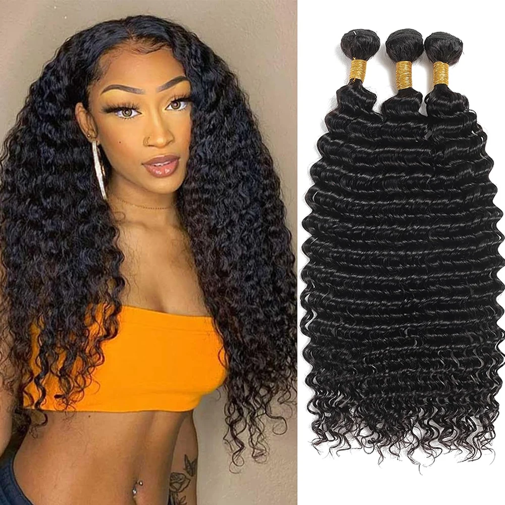 Quande Deep Wave Human Hair Bundle Deal Capelli Umani Brasiliani Weave Hair Extensions Afro Deep Curly Raw Hair Weave 1/3/4 Bundle
