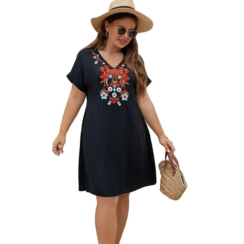 

Eaeovni Women's Embroidered Mexican Peasant Dresses, Plus Size Fiesta Boho Dress for Women, Traditional Floral Bohemian Tunic