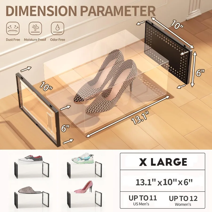 12 Pack X Large Shoe Storage Organizer for Closet Modular Space Saving Shoe Boxes Clear Plastic Stackable Containers Display Ca