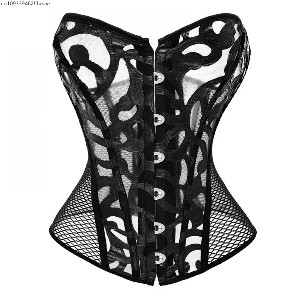 Plus Size Corset Top for Women Hollow Mesh Burlesque Lace up Gothic Bustier Overbust Corselet Costumes Sexy Black White Lingerie