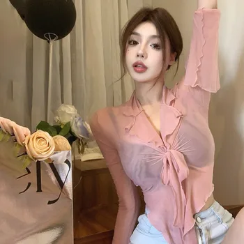 여성 블라우스 짧은 스타일 가디건, 얇고 약간 투명한 트럼펫 소매 붕대