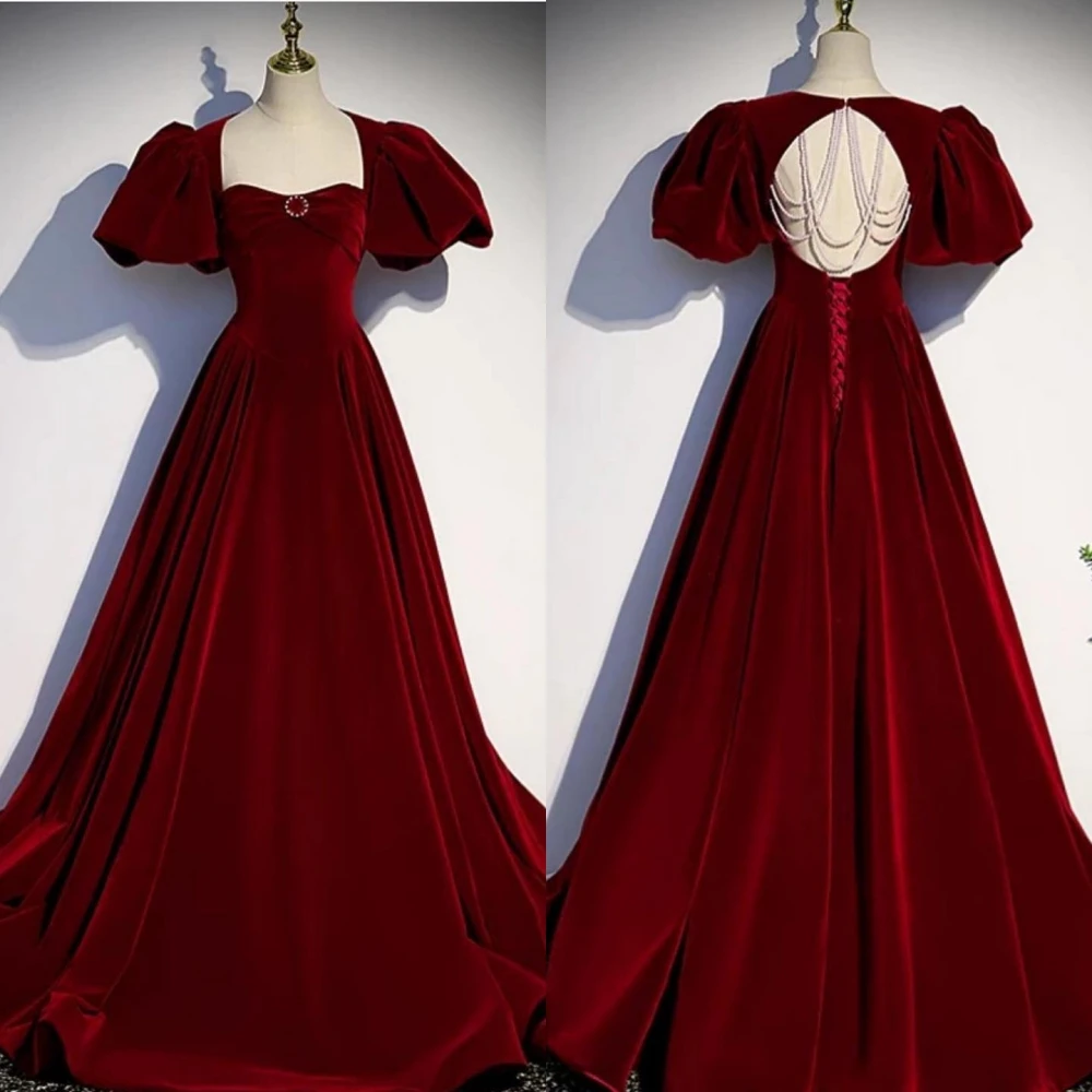 

Yipeisha Elegant High Quality Square Ball Gown Beading Open Back Draped Anke Length Velour Evening Dresses Saudi Arabia