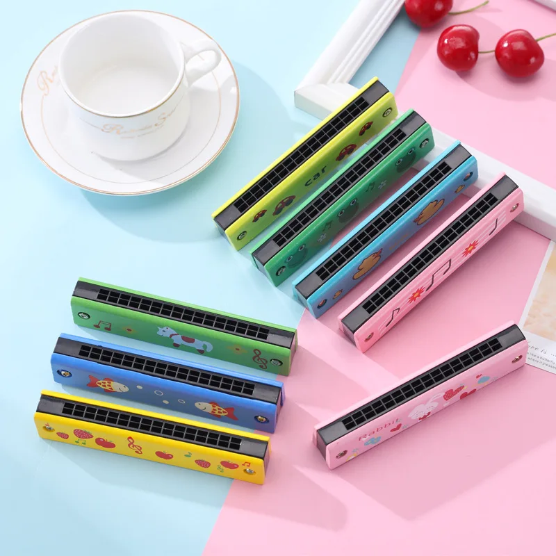 harmonica toy 16 Holes Children Harmonica Wooden Double Row Blowable Harmonica Cute Cartoon Pattern Beginner Kids Musical Educational Toys