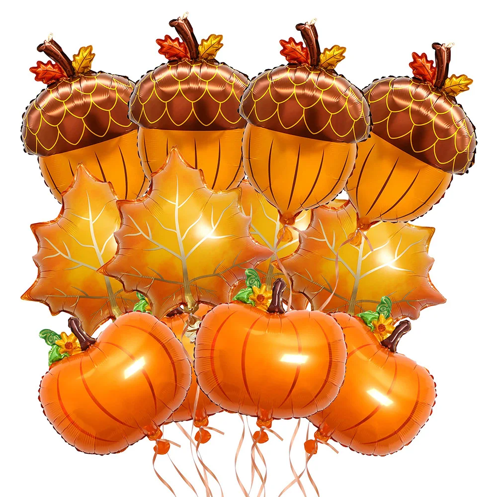 

12Pcs Fall Foil Balloons Thanksgiving Party Large Pumpkin Leaf Balloons Orange Autumn Harvest Birthday Favors Home Decorations