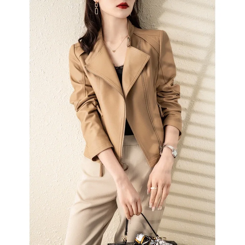 Genuine Leather Clothes Women's  Spring and Autumn New Fashion Khaki Locomotive Sheep Leather Collar Jacket Short Jacket