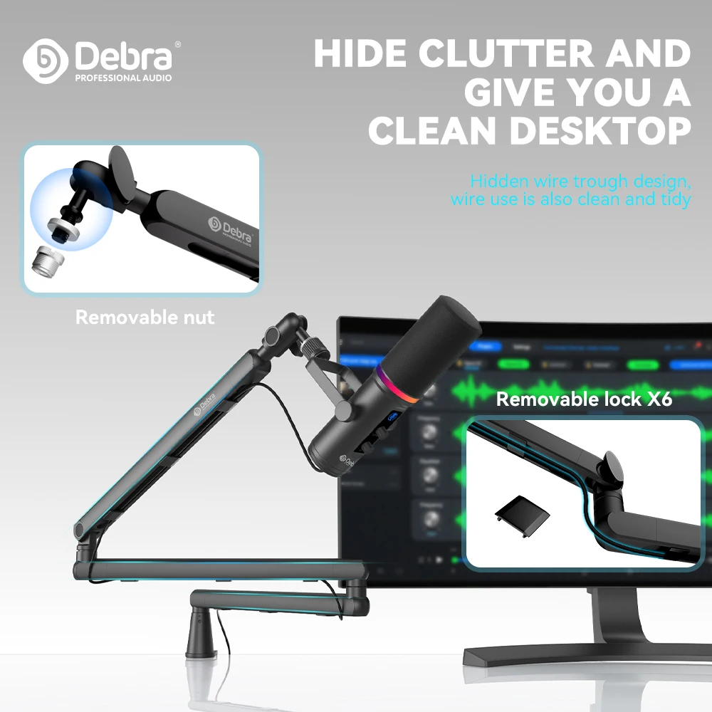 데브라 W-02 프로페셔널 마이크 로우 프로파일 캔틸레버 스탠드 (데스크탑 PC, 모바일 게임, 라이브 레코딩용)