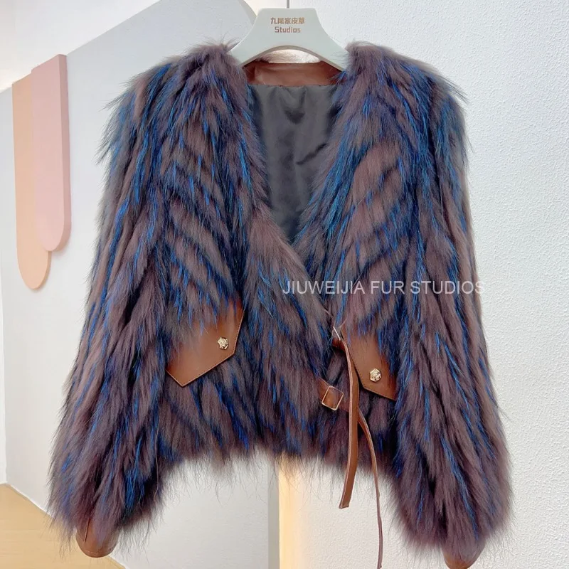 

2023 New Fashion Winter Women's Jacket Thin Raccoon Fur Strip Sewed Toghter Short Style Coat