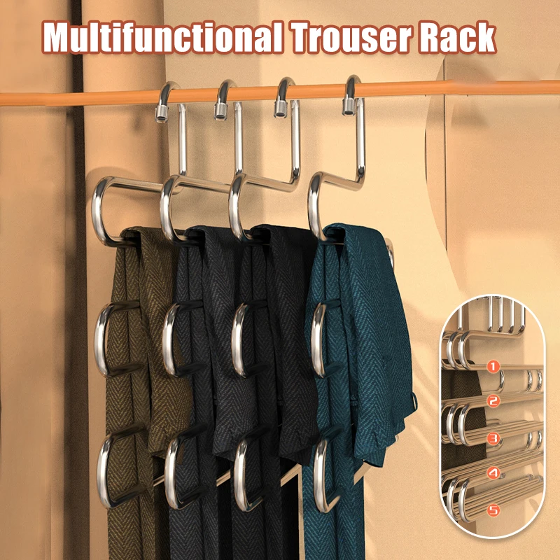 

5 Layers Multifunctional Hanger For Pants S Type Space Saving Multilayer Stainless Steel Scarf Rack Storage Clothes Organizer