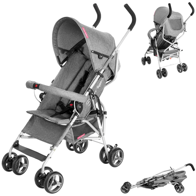Poussette Moby-System Barton légère, pliable, grise, avec barre de protection et harnais pour enfants jusqu'à 15 kg 1