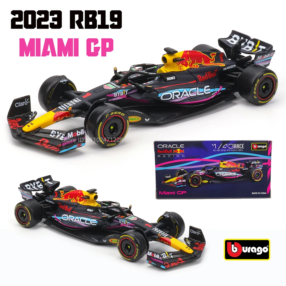 Bburago 1:43 F1 Red Bull Racing TAG Heuer RB19 Miami GP 2023 #1 Verstappen #11 Perez Alloy Car Die Cast Model Toy Collectible