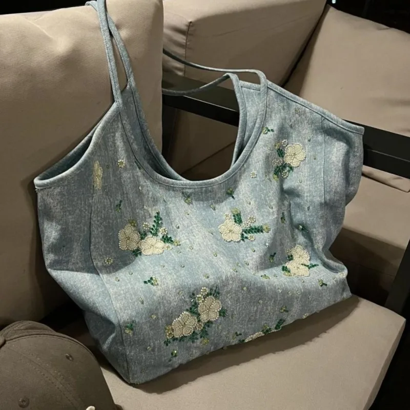 JIAERDI Floral Embroidery Blue Denim Handbag Women Fairy Core Aesthetic Y2k Shoulder Bags Female Large Capacity Underarm Bag