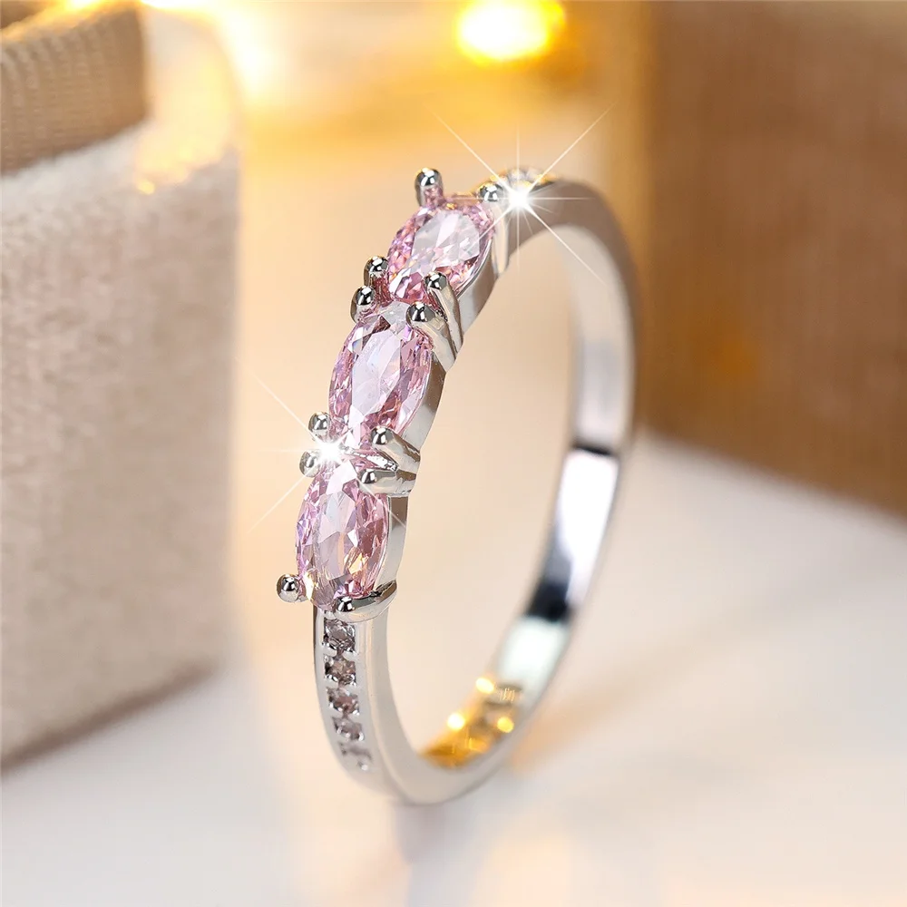 Female Cute Pink Zircon Stone Ring Vintage Silver Color Wedding Jewelry Promise Engagement Rings For Women