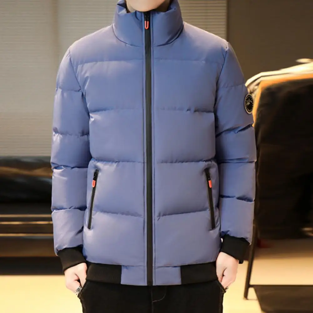Men Thick Winter Coat Winter Men's Cotton Coat Thick Padded Windproof Warm with Stand Collar Neck Protection Zipper Closure