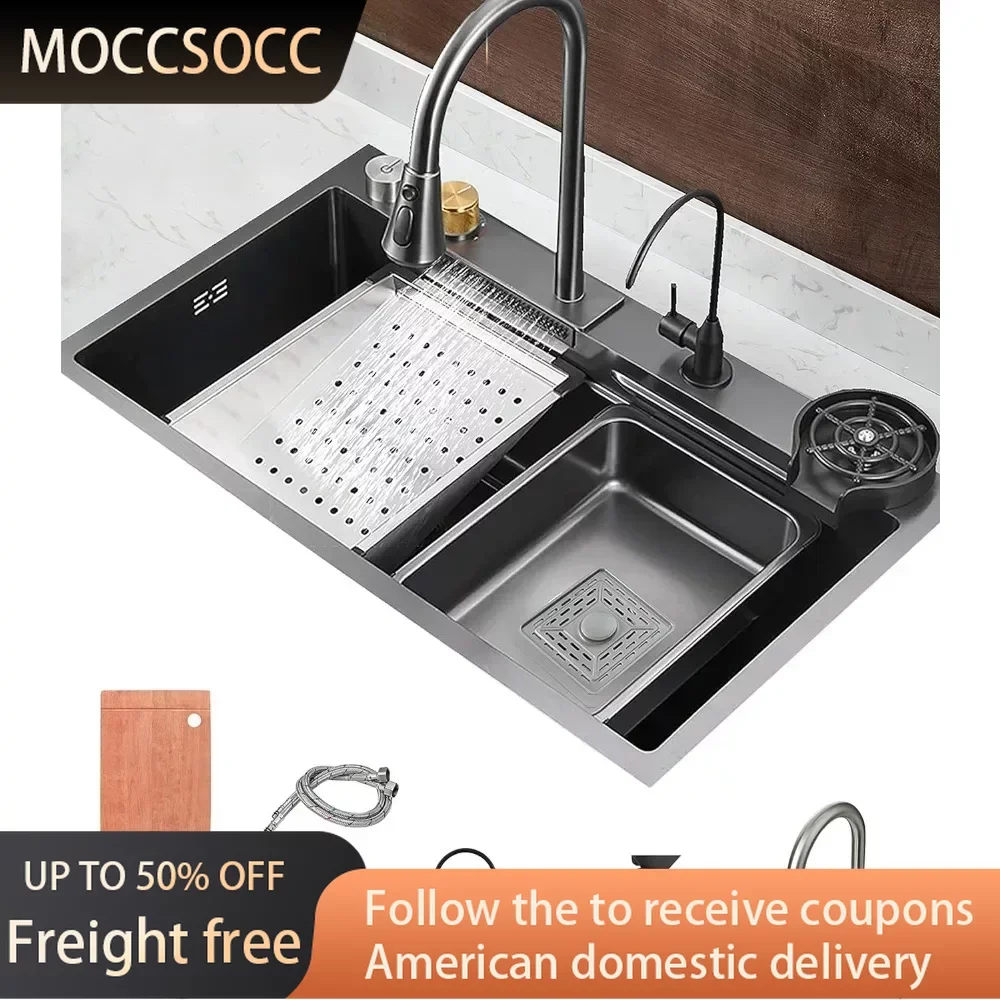 

Nano Kitchen Sink With Waterfall Useful Things for Kitchen Accessories Black Grey 31.5x18x7.8 Inch/80×46×20cm Drop-in/Undermount