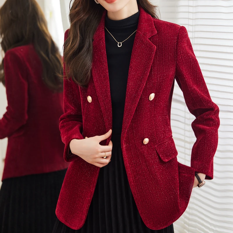 High Quality Winter Women Casual Blazer Suit Jacket Korean Version Loose Fashion Shiny Gold Velvet  Ladies Thick Warm Jacket Top