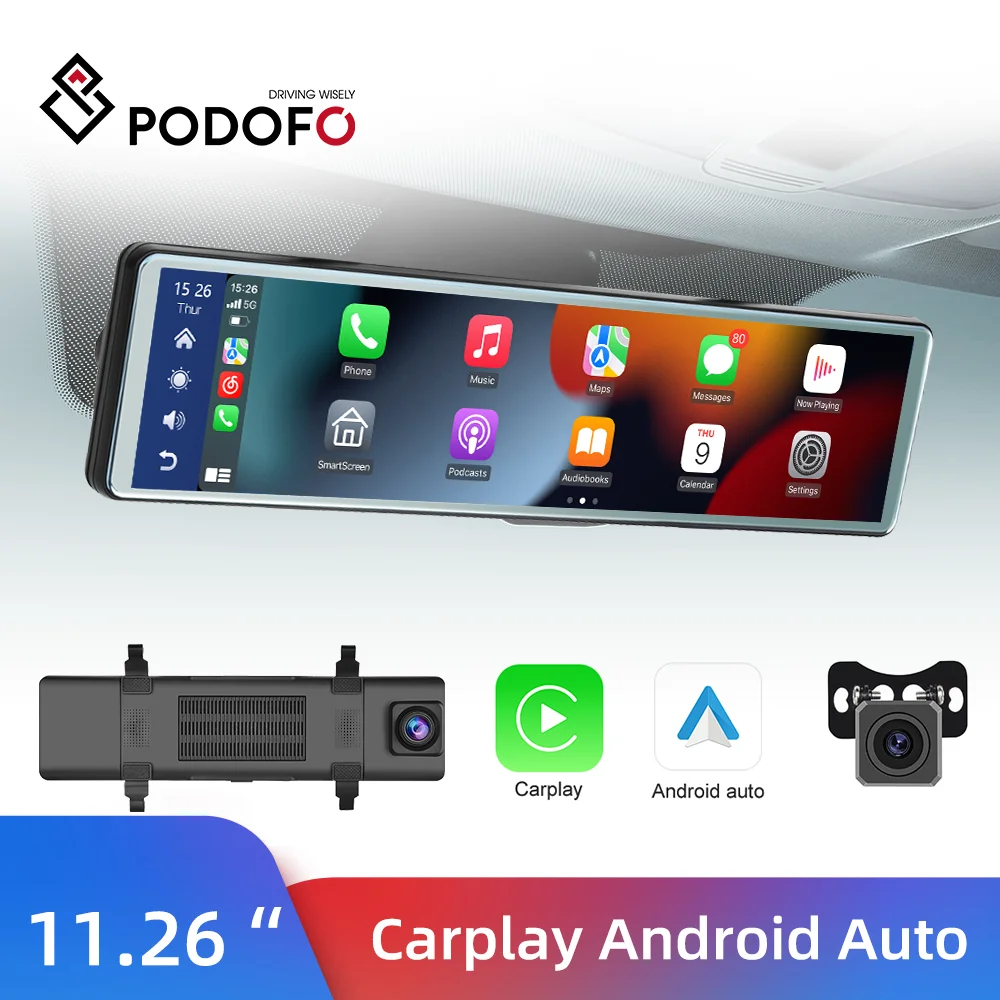 Podofo Wireless CarPlay Android Auto Dual Screen Car DVR Dash Cam 11.26