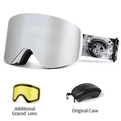 COPOZZ Cylindrical UV400 Protection Ski & Snowboard Goggles with Yellow Lens and Case (White silver set)