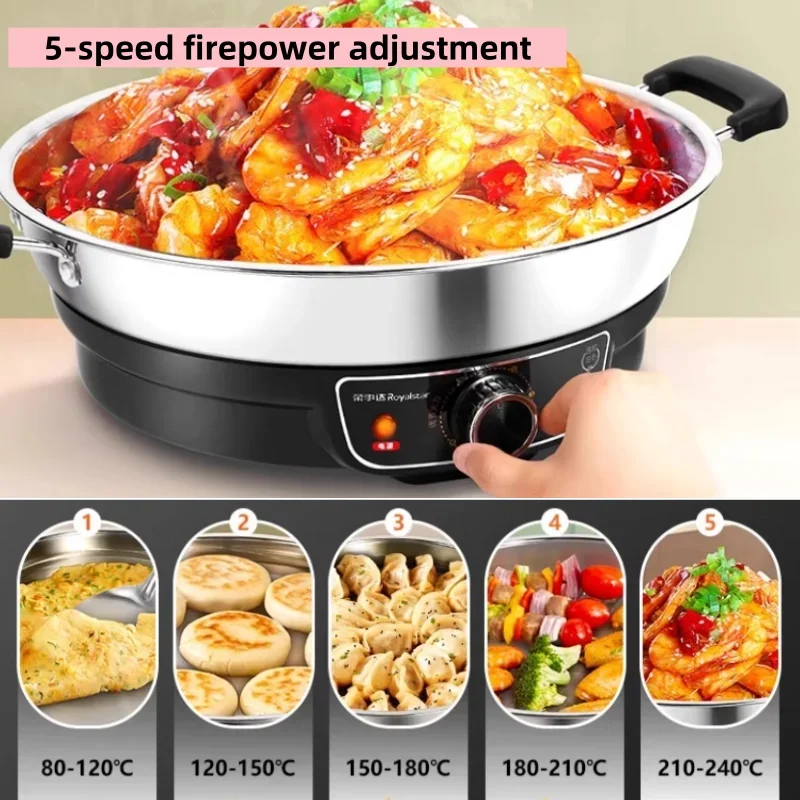 220V Large Capacity No Coating Stainless Steel Pancake Maker Non-stick Pan Multi-functional Electric Skillets,5.5CM Deep Pot 3