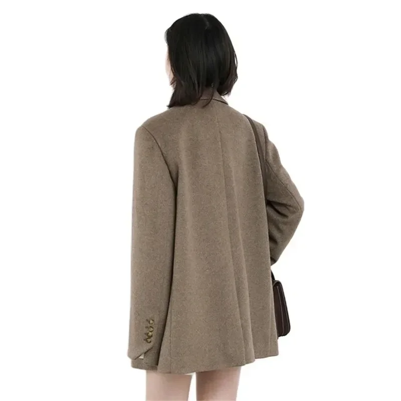 Women Wool Blend Coat Solid Mid Long Woolen Blazer Thick Warm Blouse Women's Overcoat Office Lady Tops Autumn and Winter 2023