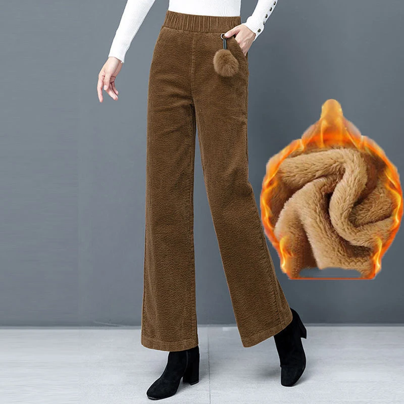 

Plush Thick Corduroy Wide Leg Pants Women Fall Winter Fleece Lined High Waist Casual Ankle-Length Pants Vintage Baggy Pantalones