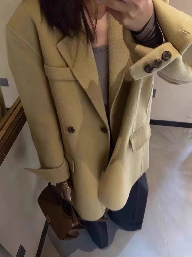 

New Hand-stitched Thick Double-sided Wool Coat Women Short Commuter Loose Fashion Casual Lapel Woolen Coats Female Autumn Winter