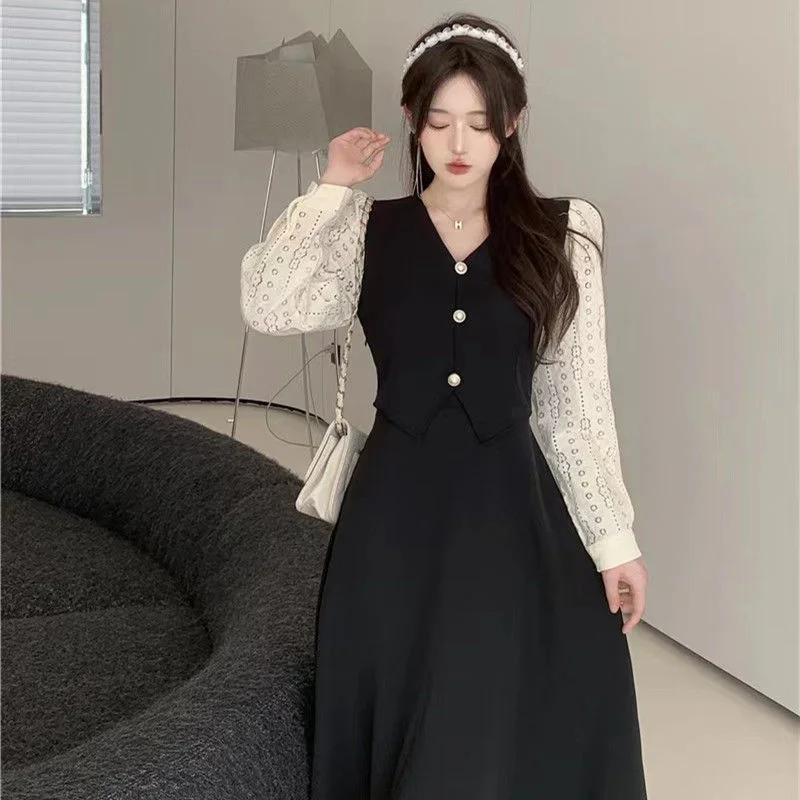 

Женское облегающее платье Хепберн, повседневное черное платье большого размера с имитацией двух частей, 200 кг