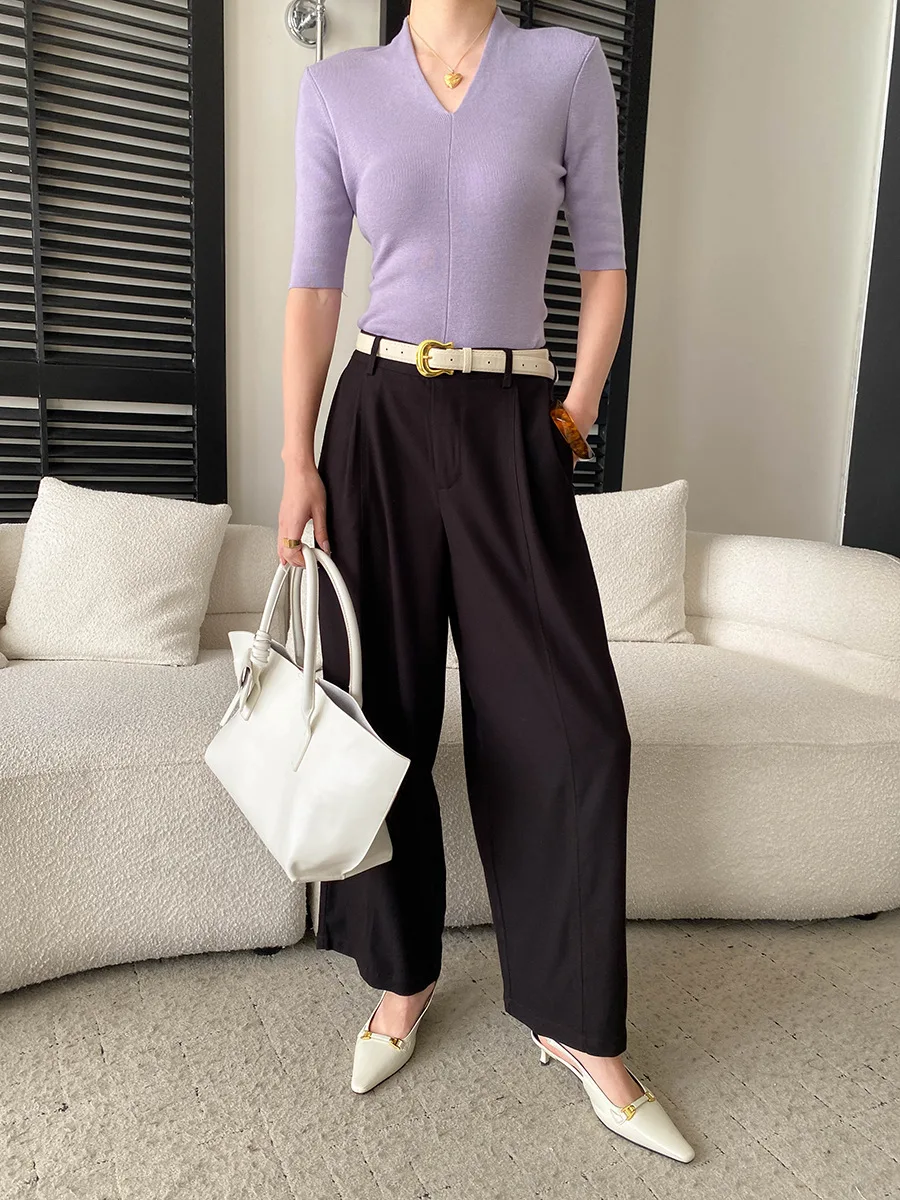 Frühlingshose für Damen, einfarbig, französischer Stil, hohe Taille, schlank machend, vielseitig, lässig, weit geschnitten – Detail 5