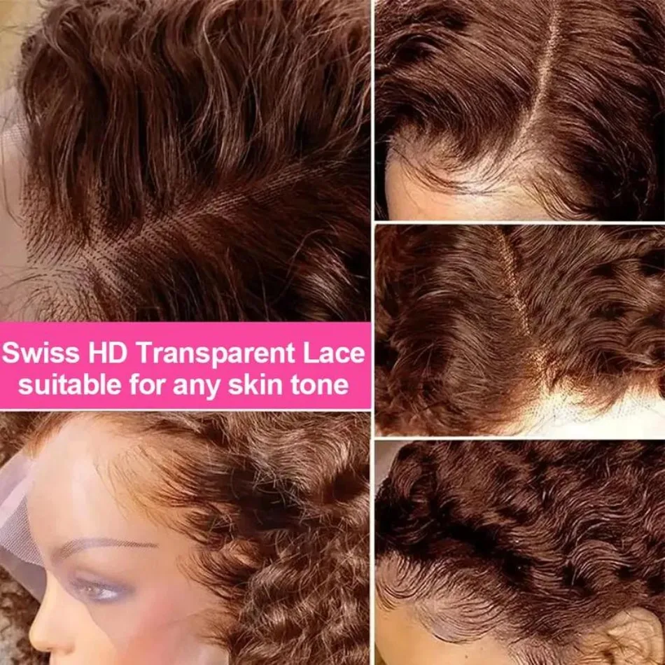 Chocolate Brown Human Hair Wigs 100% 13X6 Hd Lace Frontal Wig Curly Deep Water Wave Lace Front Wig Brazilian 250 Density 30 Inch