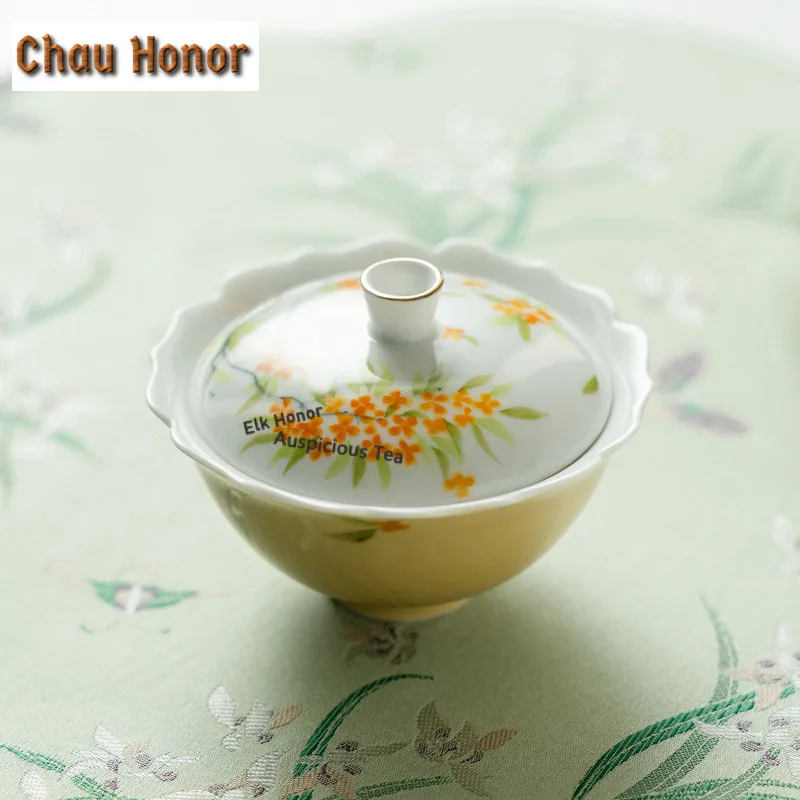 70ml Hand-painted Osmanthus Wheat Straw Yellow Gaiwan Ancient Tea Tureen Tea Bowl With Lid Kit Tea Making Cover Bowl Tableware