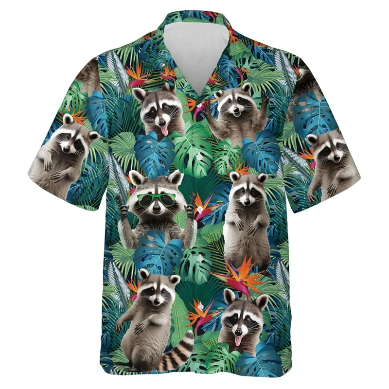 thumbnail image 1 of Camisas de mapache kawaii para hombre, blusas de playa con estampado 3D de animales lindos, blusas casuales de manga corta con solapa y botones para vacaciones, 1 of 5