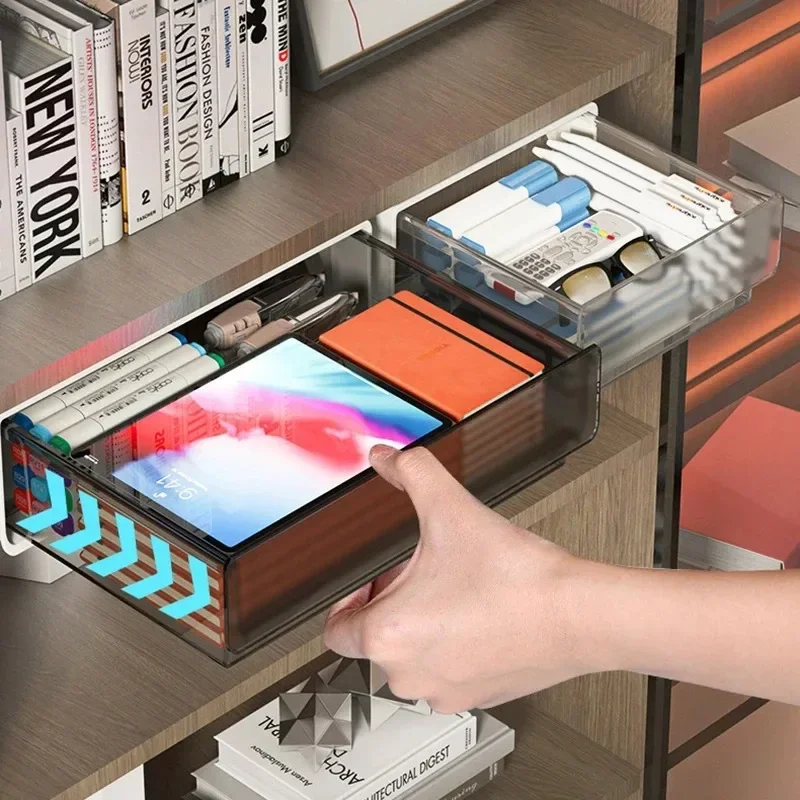

Office Storage Box Under Desk Hidden Drawer Clear Organizer Memo Pen Stationery Storage Tray Drawer Desk Supplies Holder Rack