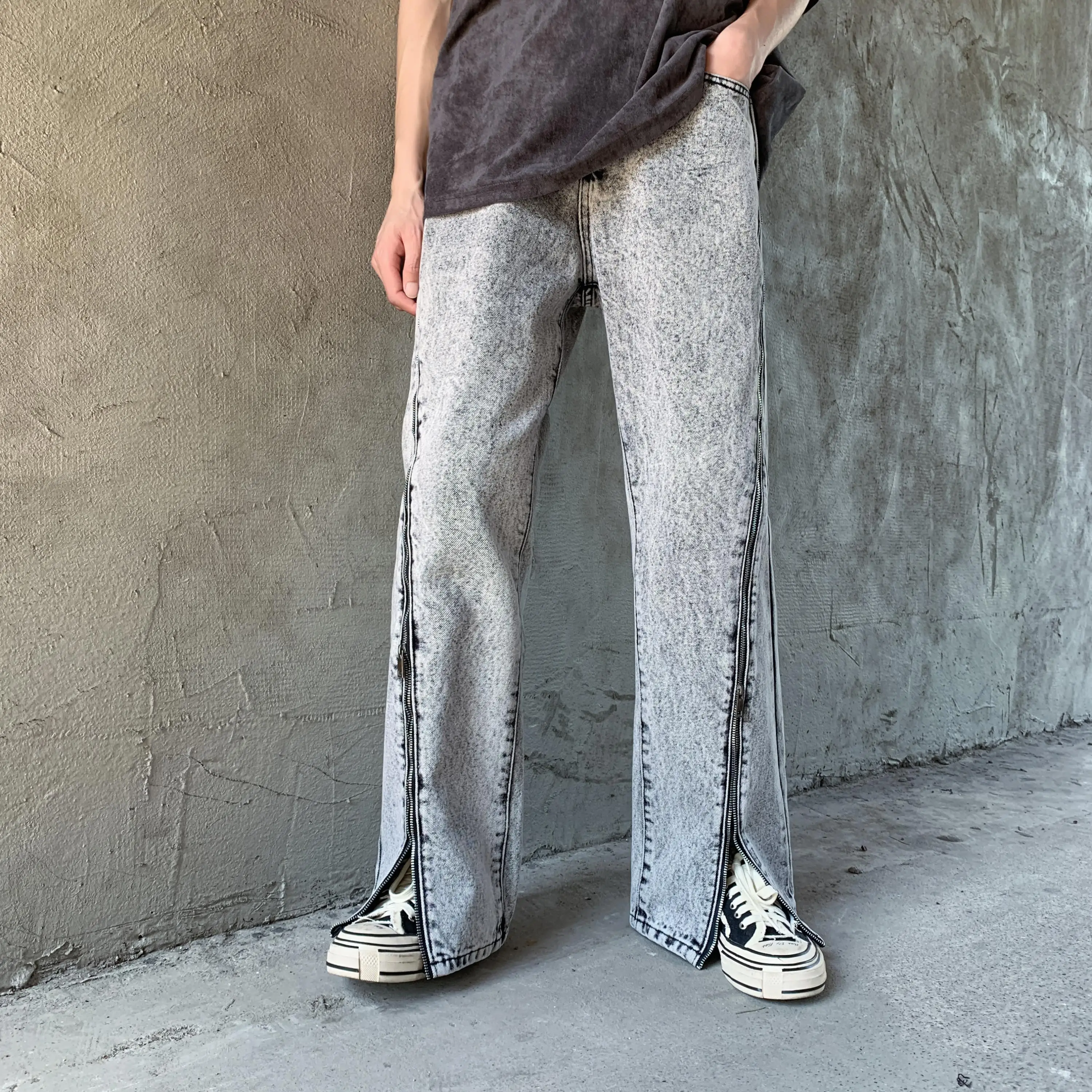 

New 2022 American High Street Zipper Vibe Style Hip Hop Mens Womens Jeans Grey Korean Fashion Streetwear Flares Denim Trousers