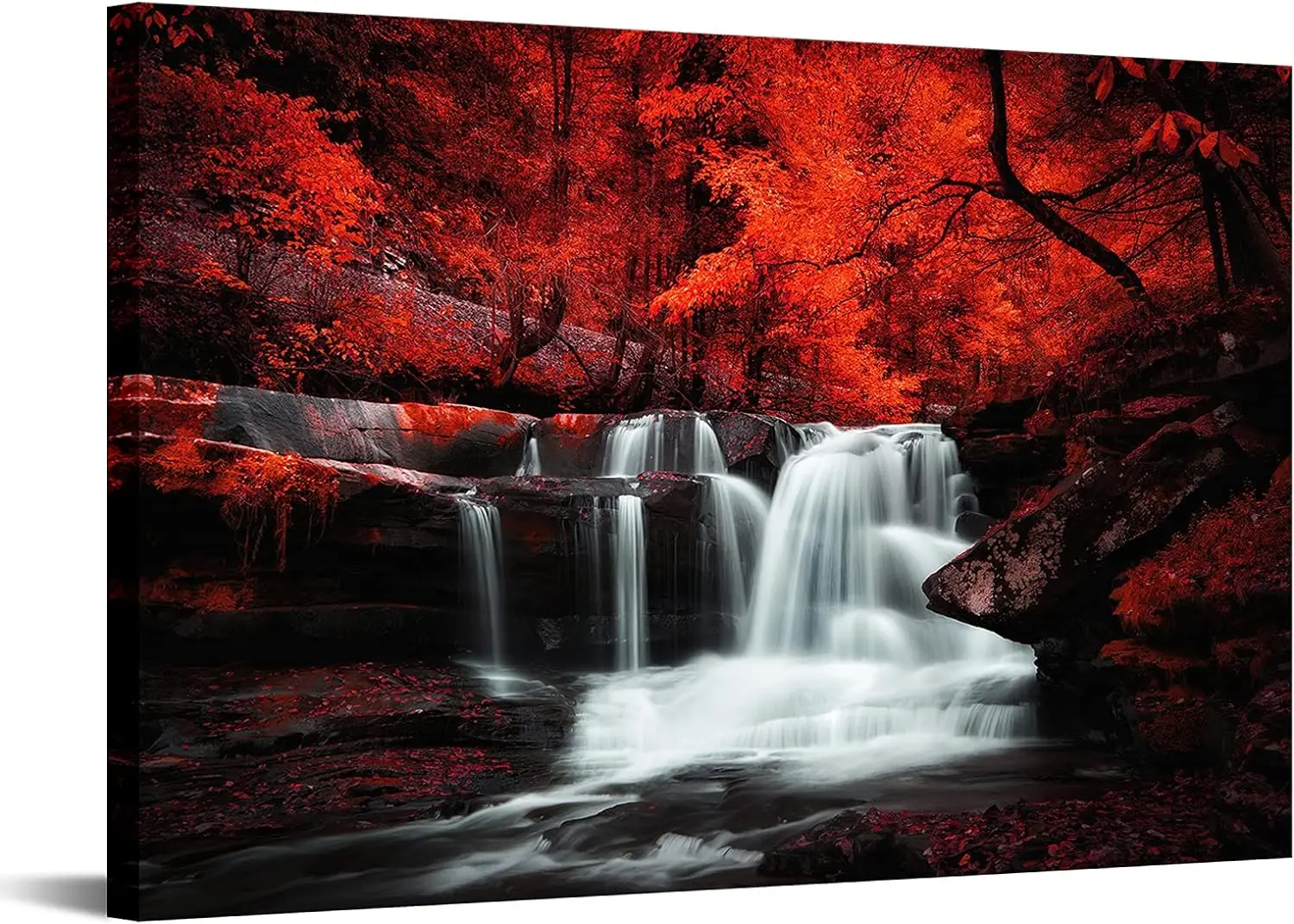 

Черное, белое и красное дерево, водопад, картина, холст, пейзаж, печать, искусство для гостиной, осень, красный лес, фотообои