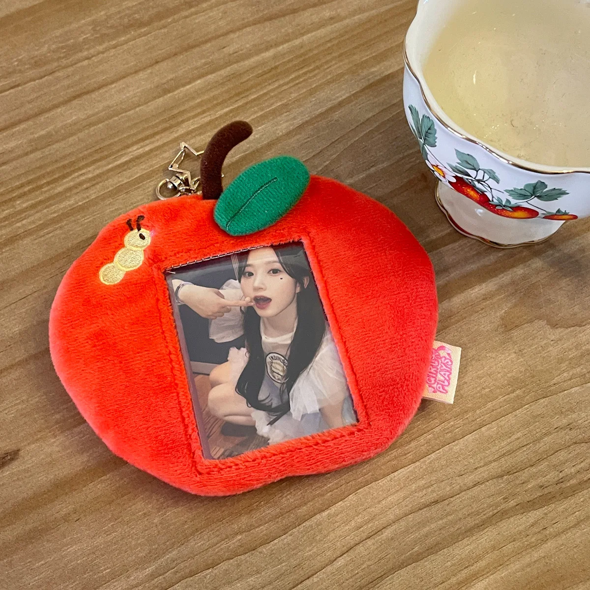 MINKYS Cute Red Apple Fluffy 3 inch Kpop Photocard Holder Photo Card Holder Bag Pendant School Stationery 5