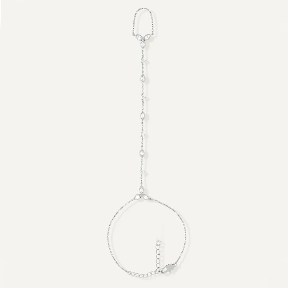 Gold Plated Hand Chain for Women White Zircon Crystal Long Chains Finger Bracelet Girls Bride Wedding Jewelry Accessories Ring