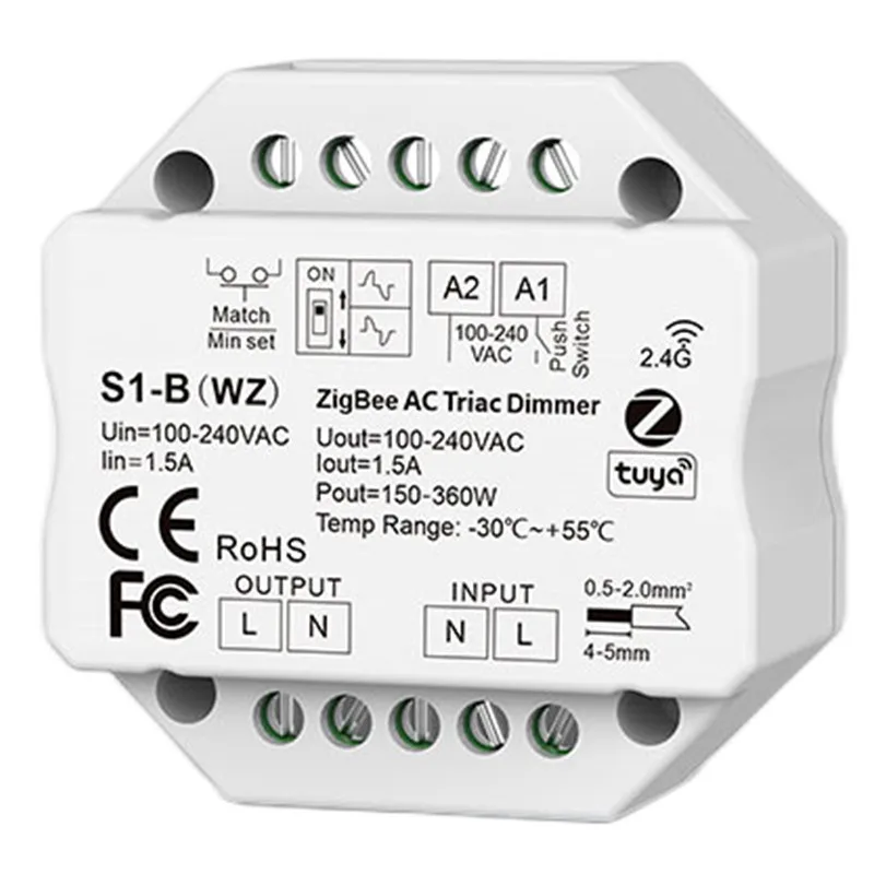 Zigbee / WiFi / RF AC Triac Dimmer single color 2.4G RF LED controller S1-B CH*1.5A RF + Push AC Phase-cut Dimmer