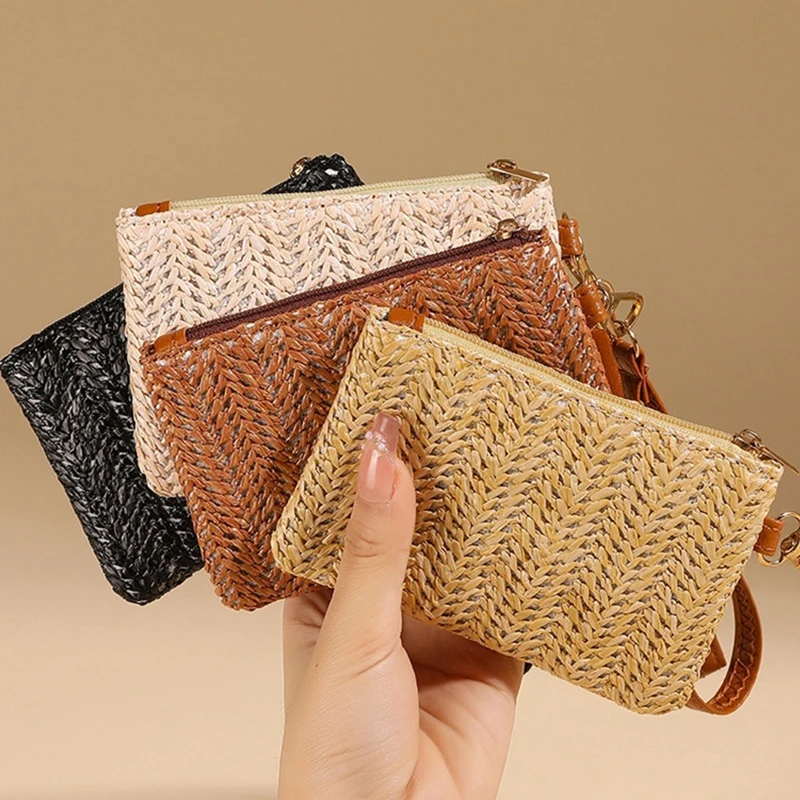 Solid Color Straw Bag Fashion Ladies Wristlet Wallet Portable Coin Purse Holder Bag Lipstick 1PC