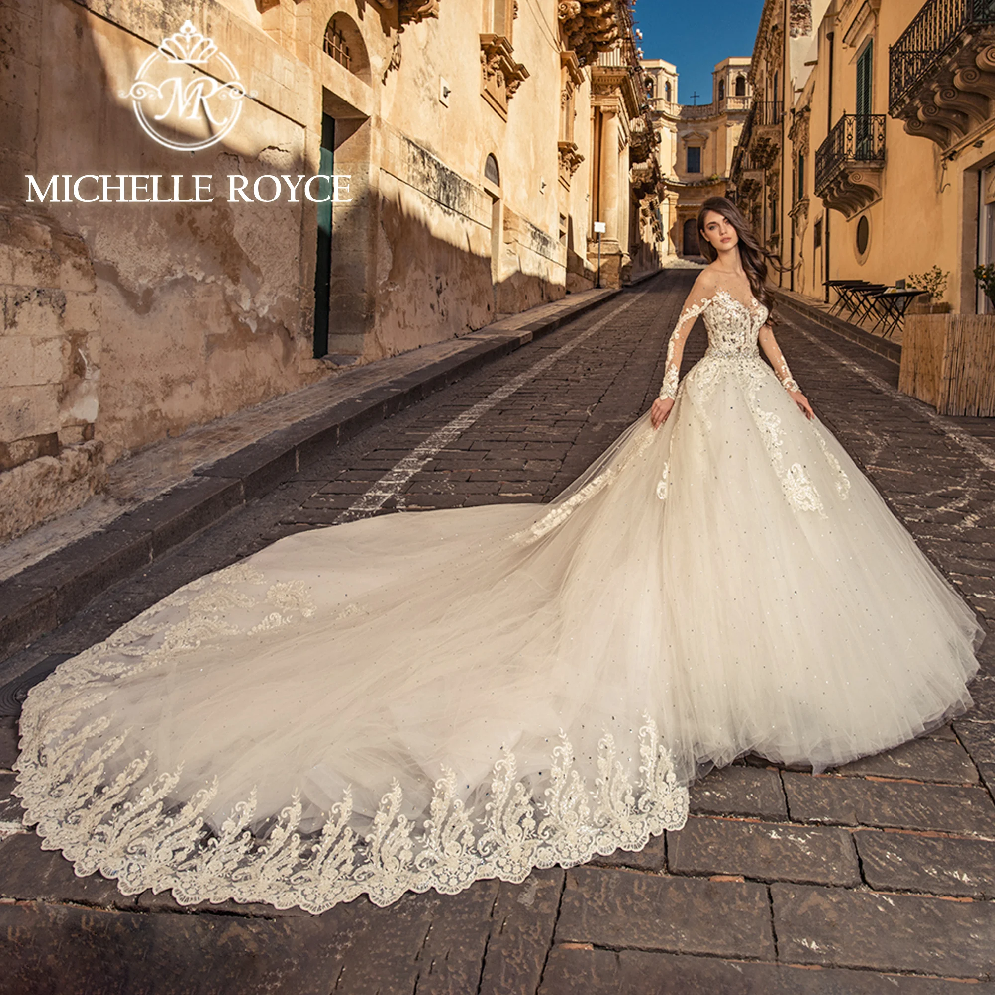

Michelle Royce Ball Gown Wedding Dresses 2024 Bride Embroidery Long Sleeves CRYSTAL Royal Train Wedding Gown Vestidos De Novia