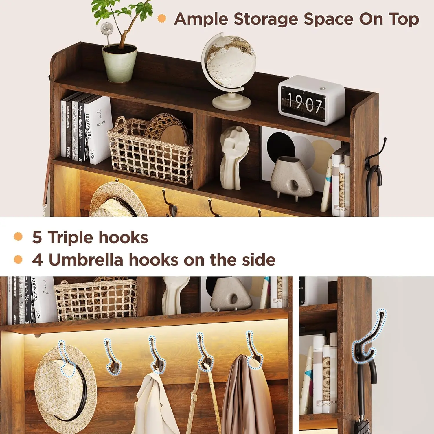 LED Hall Tree with Bench & Storage 5
