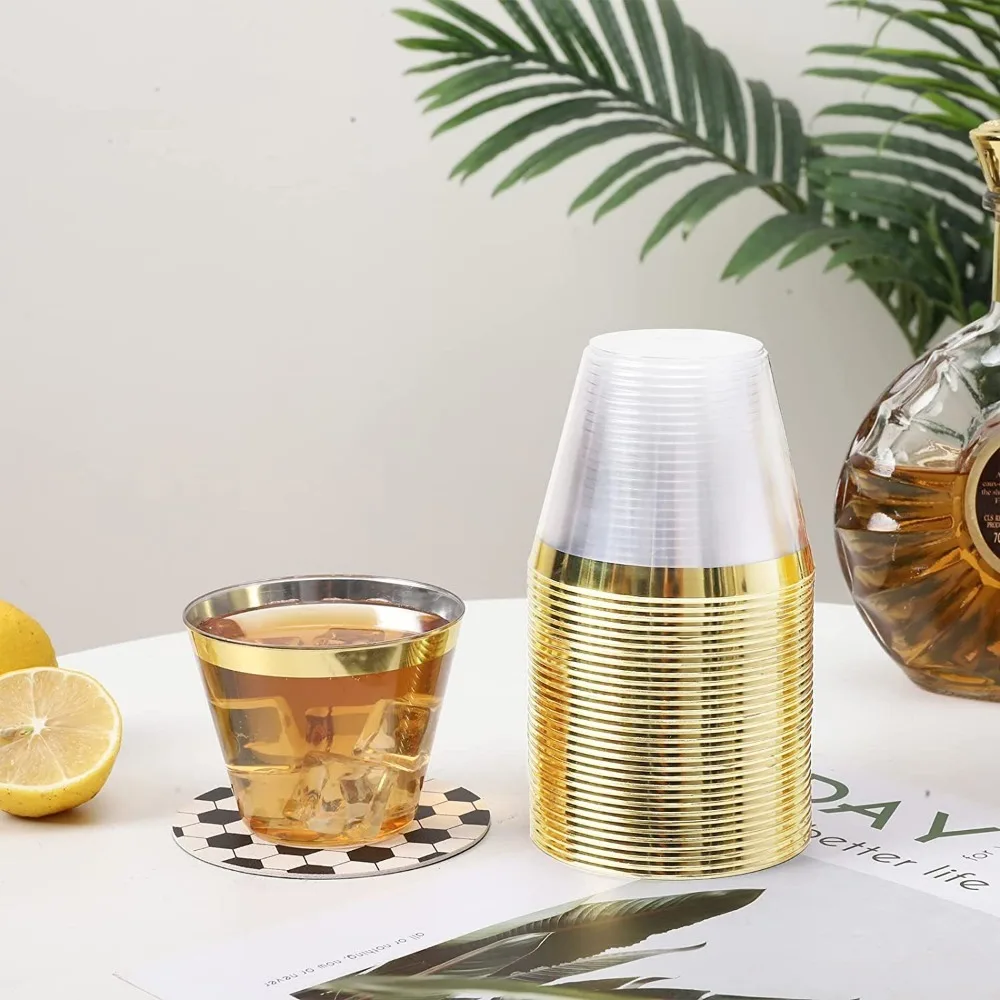 100PCS Gold Plastic Cups 9Oz Disposable Gold Rimmed Clear Trim for Party Wedding birthday party supplies plastic cups