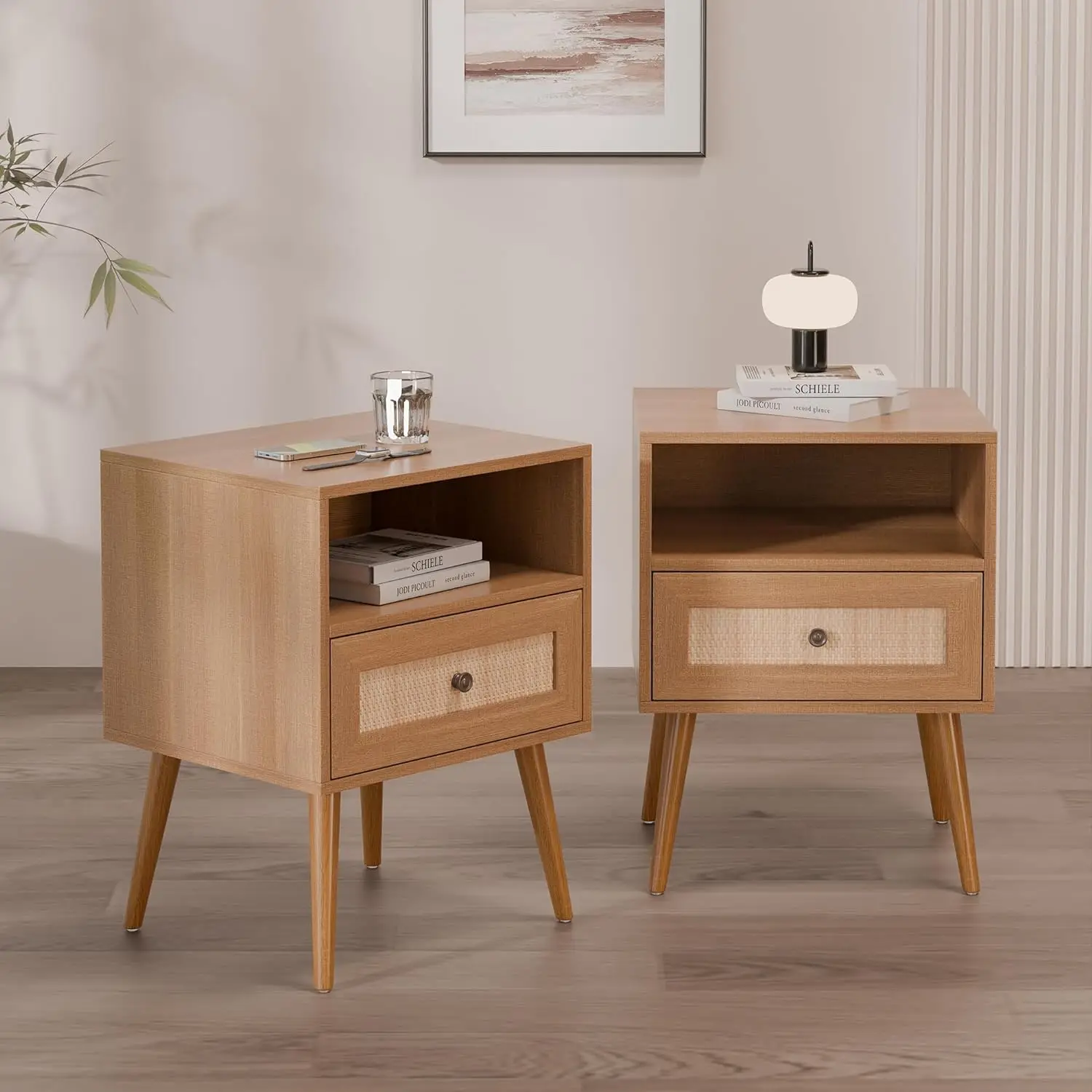 

Nightstand Set of 2, Wicker Rattan Stand with Drawer and Charge Station, Wooden Bedside Table, Wood Side Table for Bedroom