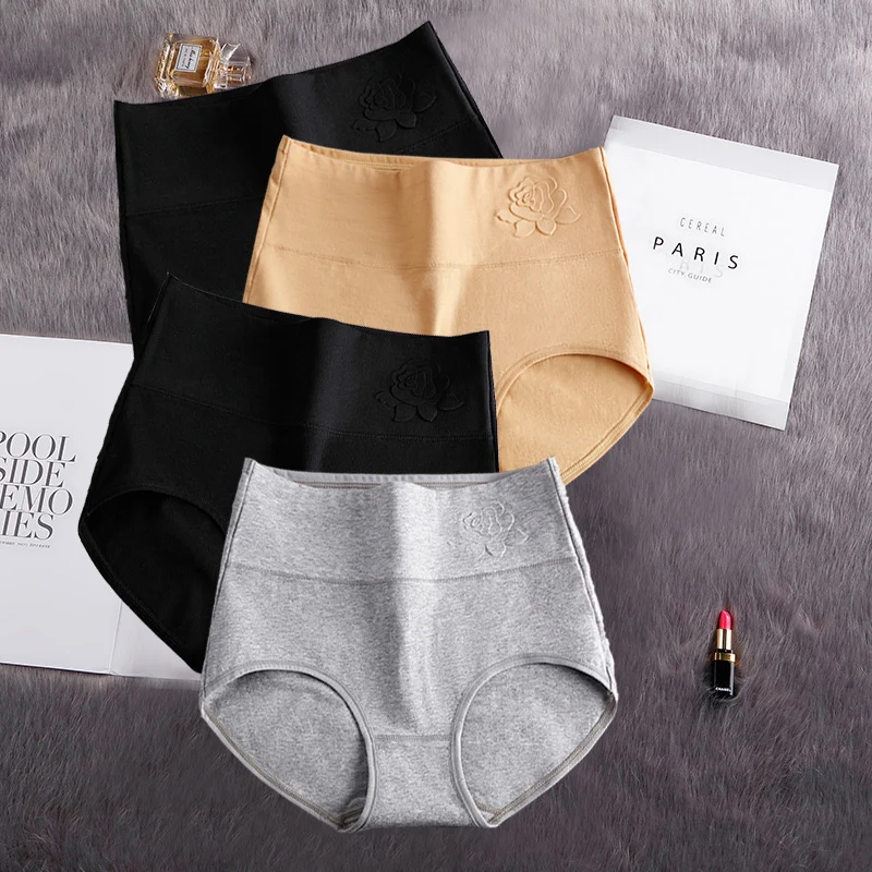 4Pcs/Set High Waist Underwear Cotton Panties Women Body Slimming Solid Briefs Plus Size Underpants Female Breathable Lingeries