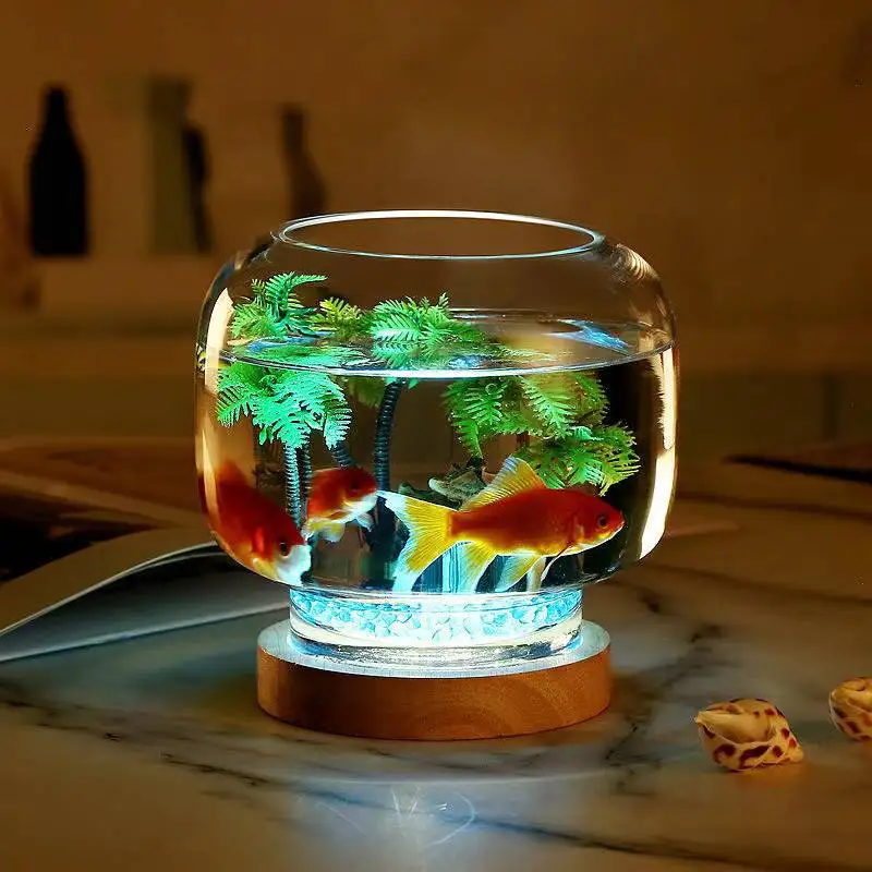 PW TOOLS Mini Aquarium, Bocal À Poisson en Verre, Petit Aquarium Rond en  Verre Transparent avec Base en Bois, Vase pour Hydroponique, pour  Décoration