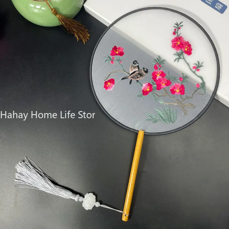 Fashion Chinese Style Wooden Handle Fan Embroidery Flower Girl Gift Portable Home Decor Hand Fans Crafts Dance Fan