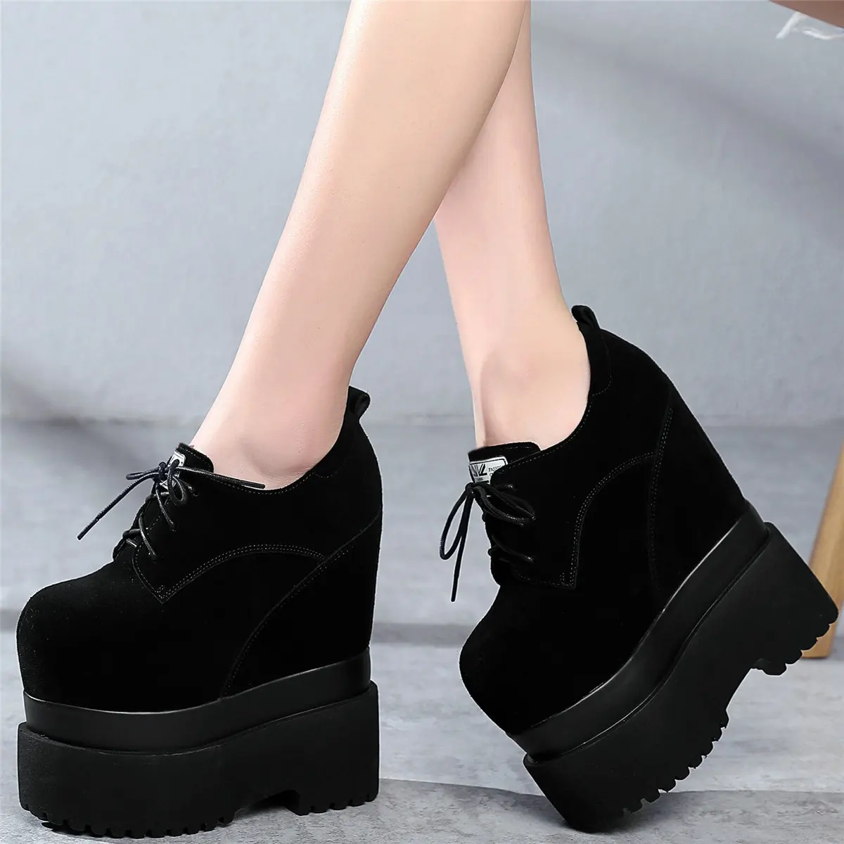 Fashion Sneakers Women Genuine Leather Wedges High Heel Motorcycle Boots Female Round Toe Chunky Platform Pumps Casual Shoes