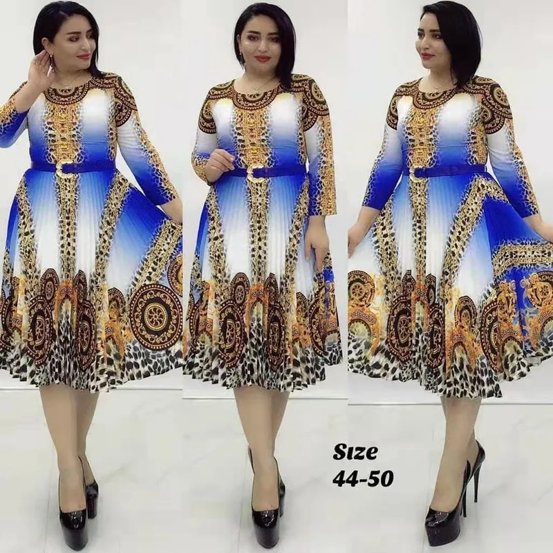 5XL 6XL Plus Size Clothes Women New Round Neck Three Quarter Sleeves Swing Pleated Knee-Length Printed Dress Africa Clothing