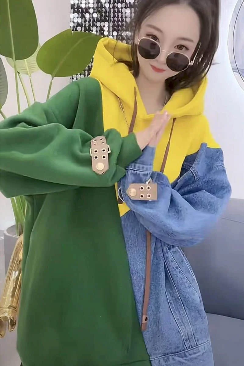 Denim Patchwork Hoodies Women Oversized Hooded Coat Spring