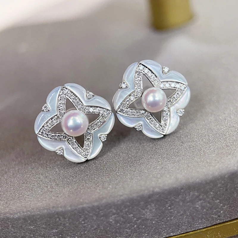 

MeiBaPJ 7mm Natural White Round Pearl Fashion Flower Shell Stud Earrings 925 Silver Fine Wedding Jewelry for Women