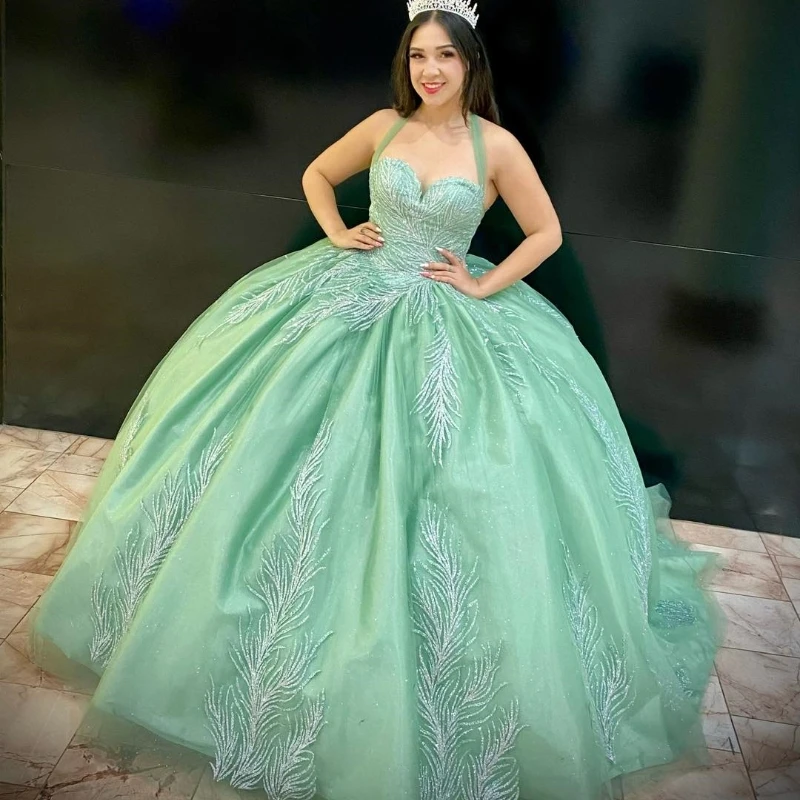

Green Shiny Sweetheart Quinceanera Dress Off The Shoulder Ball Gown Lace Beads Corset Sweet 15 Vestidos De XV Años