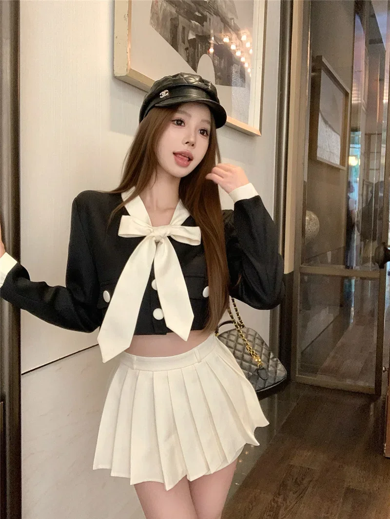 French Elegant New Women Two Piece Skirt Sets Bow Tie Long